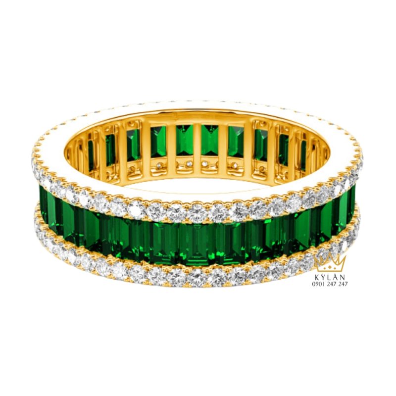 Nhẫn nữ vàng Au750 đính kim cương và đá quý xanh