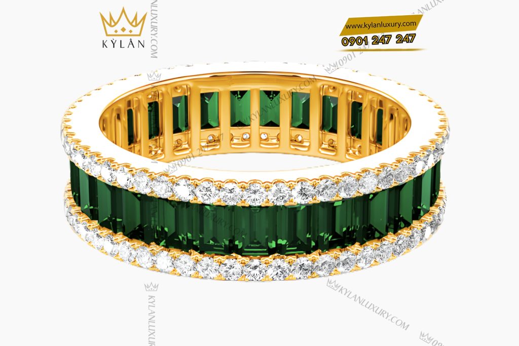 Nhẫn nữ vàng Au750 đính kim cương và đá quý xanh