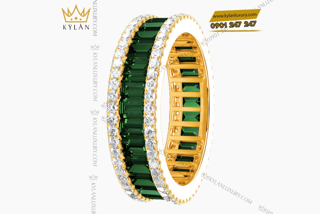 Nhẫn nữ vàng Au750 đính kim cương và đá quý xanh