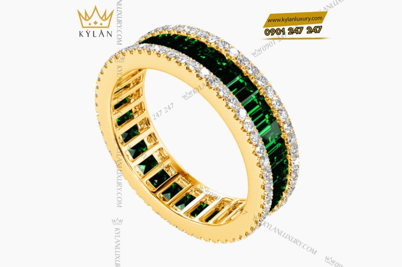 Nhẫn nữ vàng Au750 đính kim cương và đá quý xanh