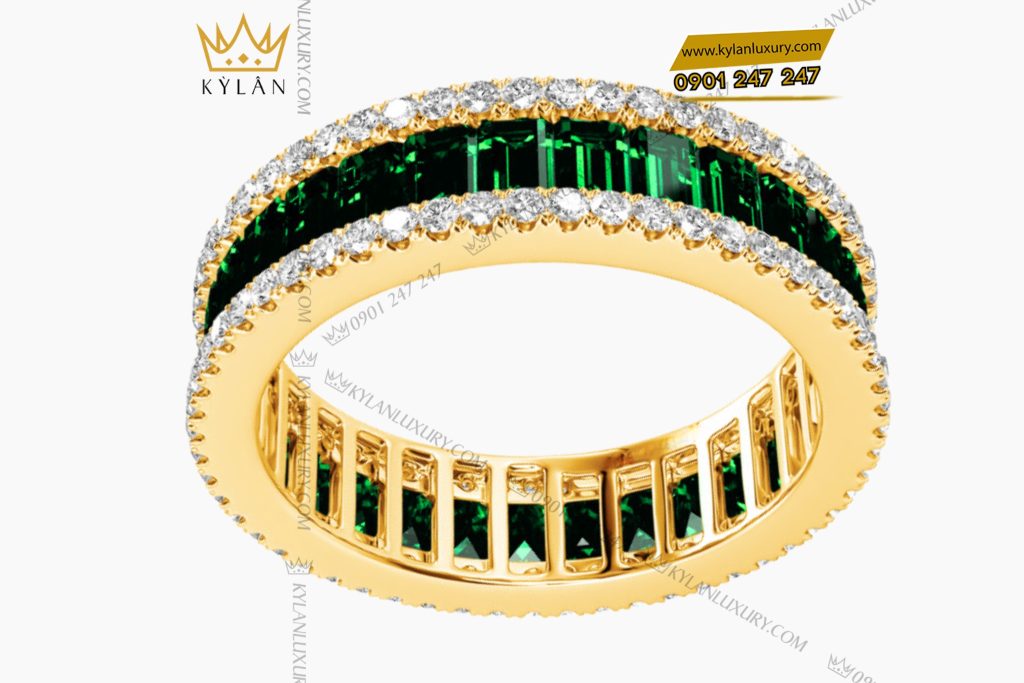 Nhẫn nữ vàng Au750 đính kim cương và đá quý xanh