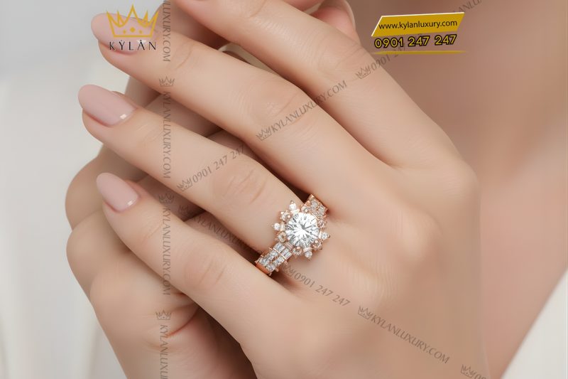 Nhẫn nữ vàng hồng Au750 đính kim cương