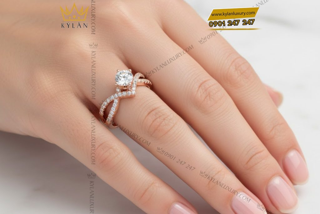 Nhẫn nữ vàng hồng Au750 đính kim cương 6 Nhẫn nữ vàng hồng Au750 đính kim cương