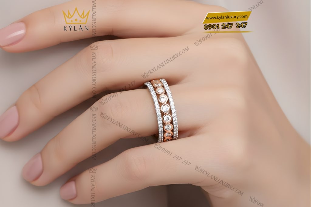 Nhẫn nữ vàng hồng Au750 đính kim cương