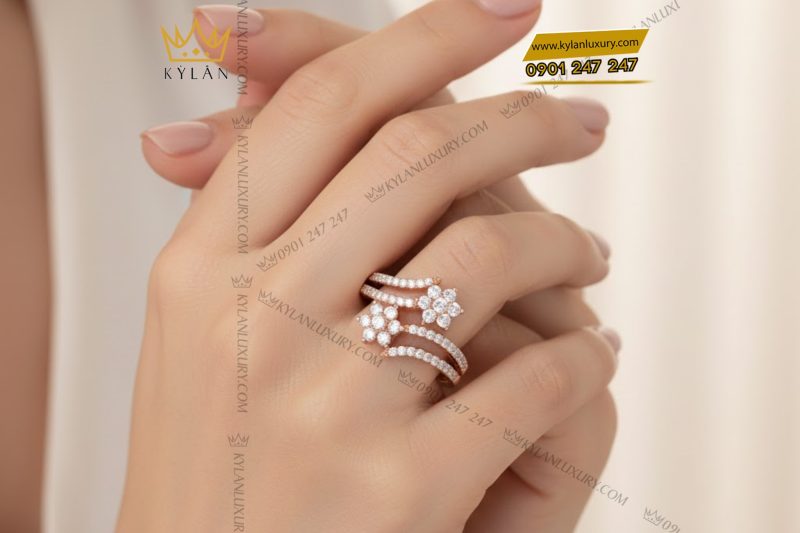 Nhẫn nữ vàng hồng Au750 đính kim cương