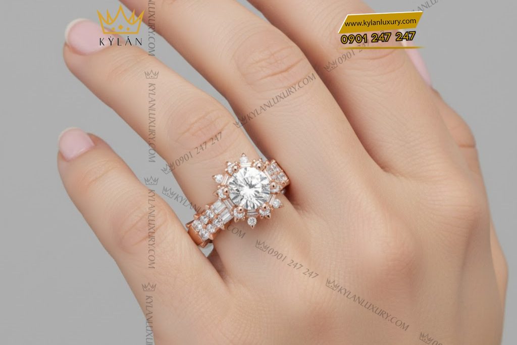 Nhẫn nữ vàng hồng Au750 đính kim cương 6 Nhẫn nữ vàng hồng Au750 đính kim cương