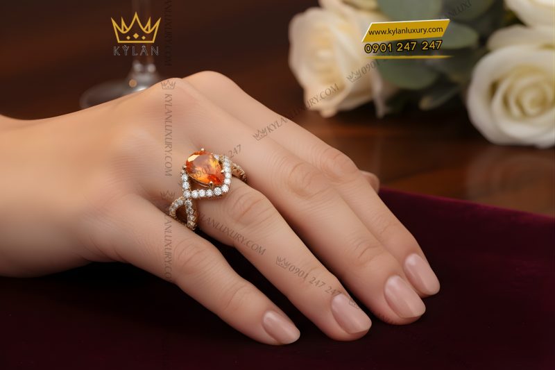 Nhẫn nữ vàng hồng Au750 đính kim cương và đá quý vàng