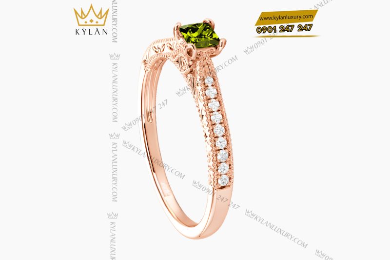 Nhẫn nữ vàng hồng Au750 đính kim cương và đá quý xanh