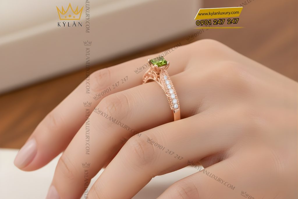 Nhẫn nữ vàng hồng Au750 đính kim cương và đá quý xanh 7 Nhẫn nữ vàng hồng Au750 đính kim cương và đá quý xanh
