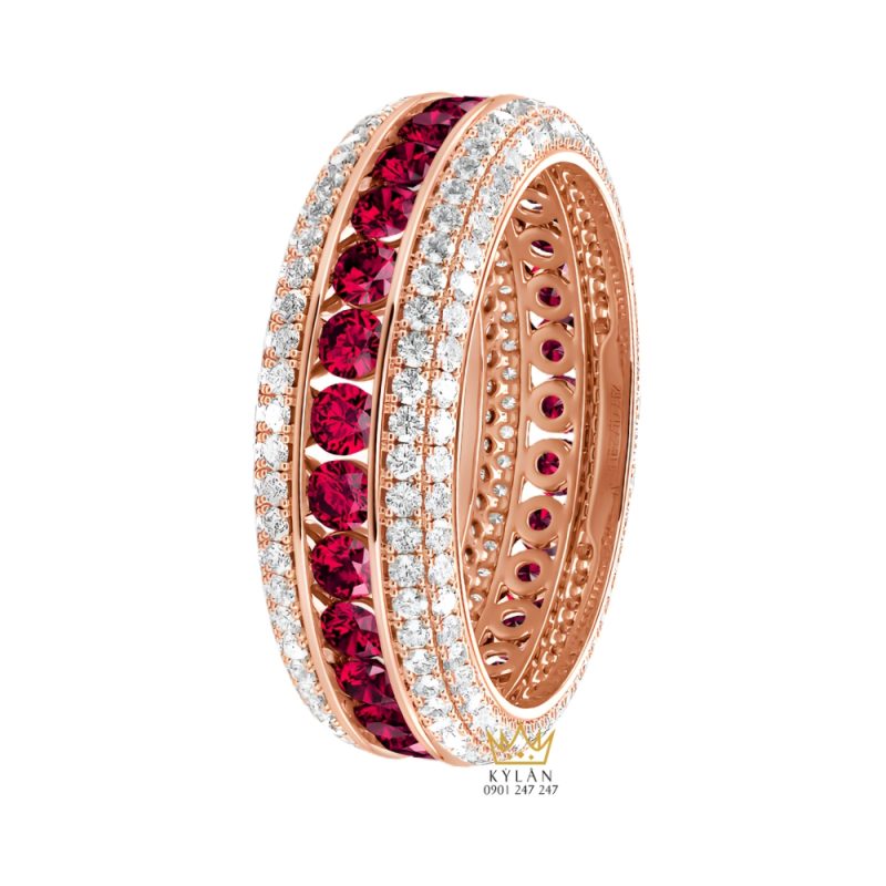 Nhẫn nữ vàng hồng Au750 đính kim cương và đá ruby đỏ