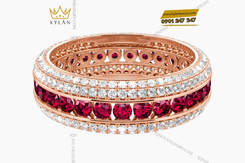 Nhẫn nữ vàng hồng Au750 đính kim cương và đá ruby đỏ