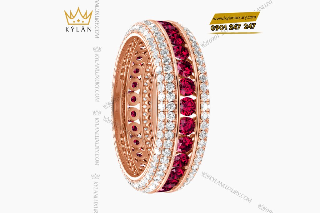 Nhẫn nữ vàng hồng Au750 đính kim cương và đá ruby đỏ