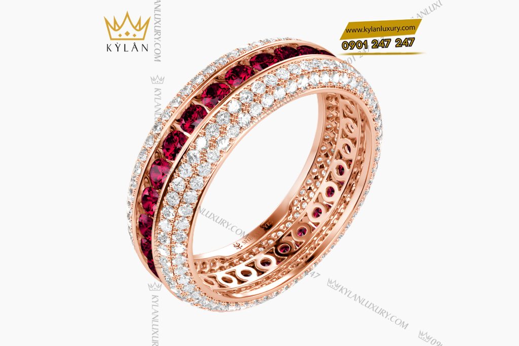 Nhẫn nữ vàng hồng Au750 đính kim cương và đá ruby đỏ