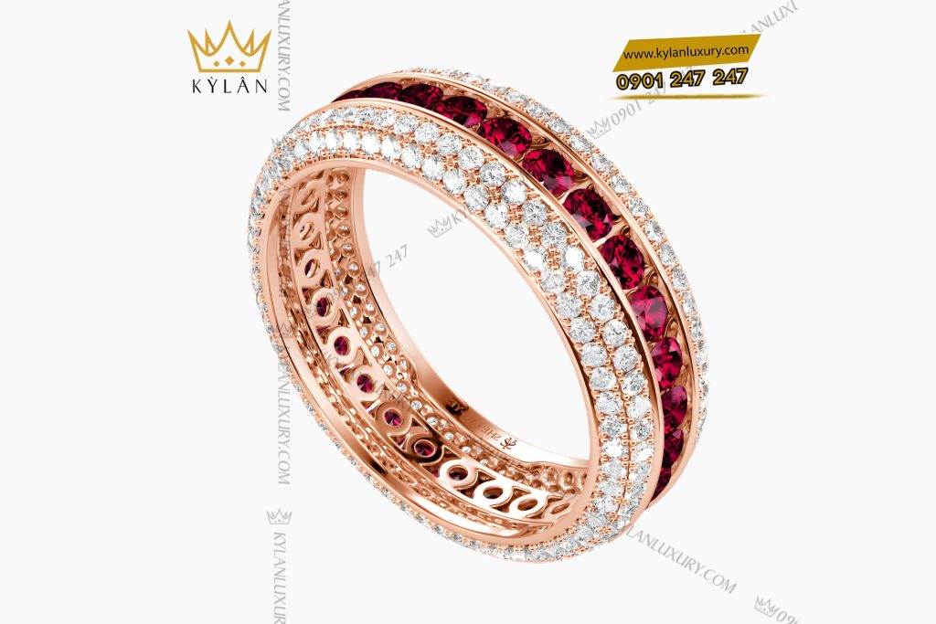 Kỳ Lân Luxury Nhan nu vang hong Au750 dinh kim cuong va da ruby do 5 Nhẫn nữ vàng hồng Au750 đính kim cương và đá ruby đỏ