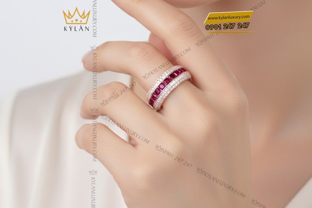 Nhẫn nữ vàng hồng Au750 đính kim cương và đá ruby đỏ