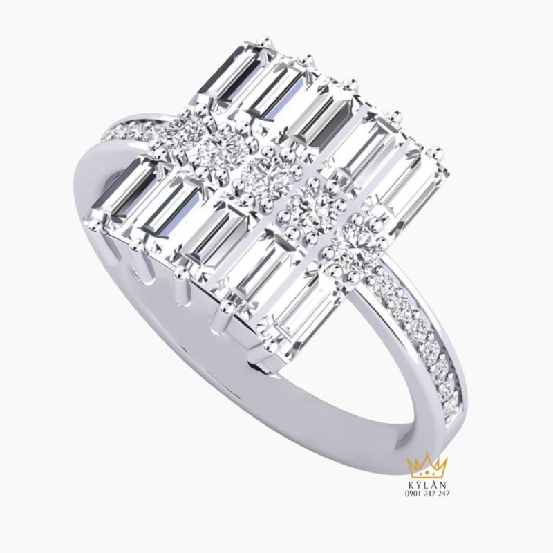 Nhẫn nữ vàng trắng Au750 đính kim cương Baguette
