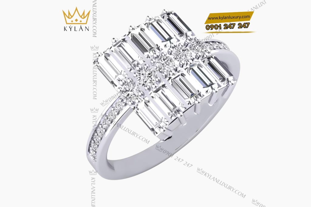 Nhẫn nữ vàng trắng Au750 đính kim cương Baguette 3 Nhẫn nữ vàng trắng Au750 đính kim cương Baguette