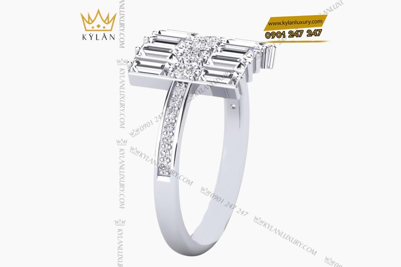 Nhẫn nữ vàng trắng Au750 đính kim cương Baguette