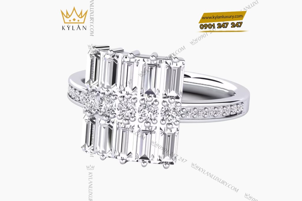 Nhẫn nữ vàng trắng Au750 đính kim cương Baguette 2 Nhẫn nữ vàng trắng Au750 đính kim cương Baguette