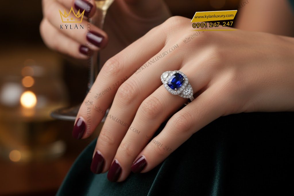 Kỳ Lân Luxury Nhan nu vang trang Au750 dinh kim cuong va da quy 7 1 Nhẫn nữ vàng trắng Au750 đính kim cương và đá quý