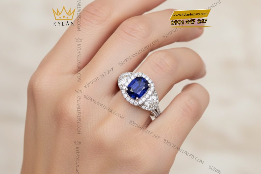 Kỳ Lân Luxury Nhan nu vang trang Au750 dinh kim cuong va da quy 8 1 Nhẫn nữ vàng trắng Au750 đính kim cương và đá quý