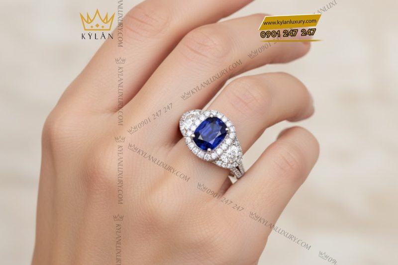 Nhẫn nữ vàng trắng Au750 đính kim cương và đá quý