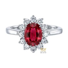 Nhẫn nữ vàng trắng Au750 đính kim cương và đá quý đỏ