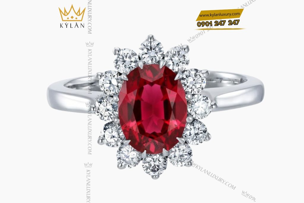 Nhẫn nữ vàng trắng Au750 đính kim cương và đá quý đỏ