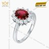 Nhẫn nữ vàng trắng Au750 đính kim cương và đá quý đỏ