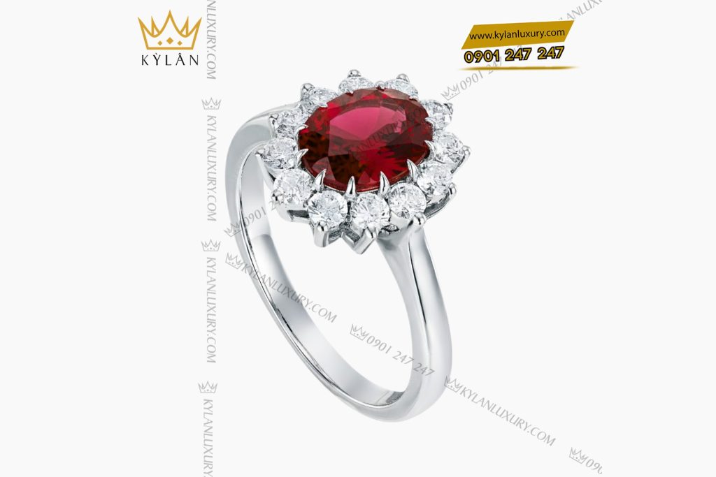Nhẫn nữ vàng trắng Au750 đính kim cương và đá quý đỏ