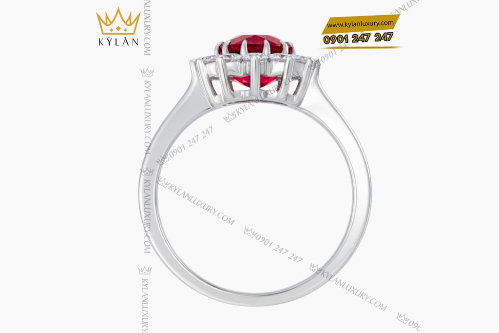 Nhẫn nữ vàng trắng Au750 đính kim cương và đá quý đỏ