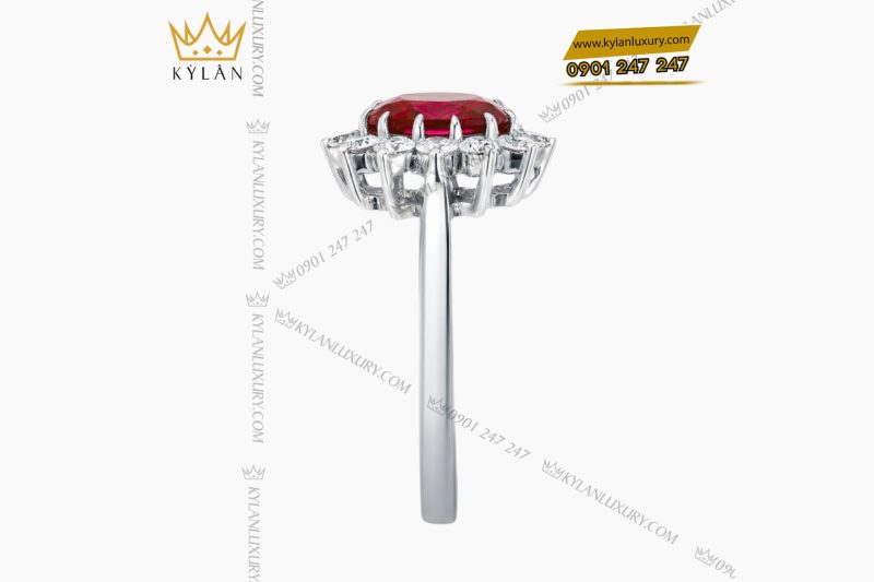 Nhẫn nữ vàng trắng Au750 đính kim cương và đá quý đỏ