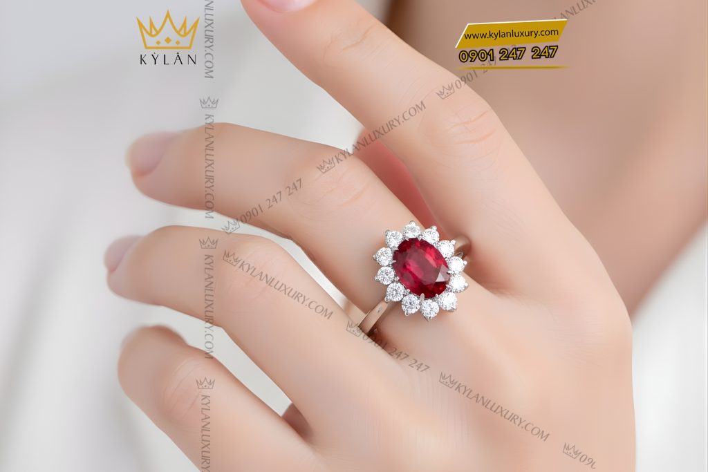 Nhẫn nữ vàng trắng Au750 đính kim cương và đá quý đỏ