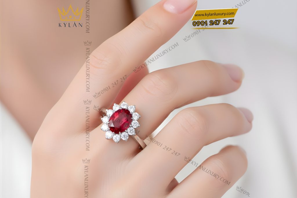 Kỳ Lân Luxury Nhan nu vang trang Au750 dinh kim cuong va da quy do 8 Nhẫn nữ vàng trắng Au750 đính kim cương và đá quý đỏ