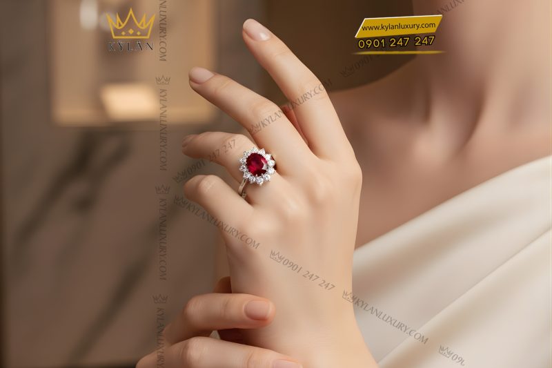 Nhẫn nữ vàng trắng Au750 đính kim cương và đá quý đỏ