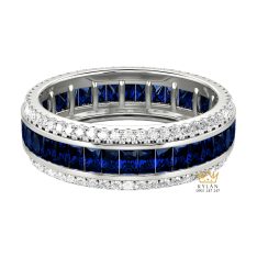 Nhẫn nữ vàng trắng Au750 đính kim cương và đá quý xanh