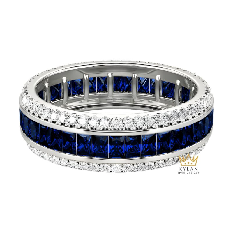 Nhẫn nữ vàng trắng Au750 đính kim cương và đá quý xanh