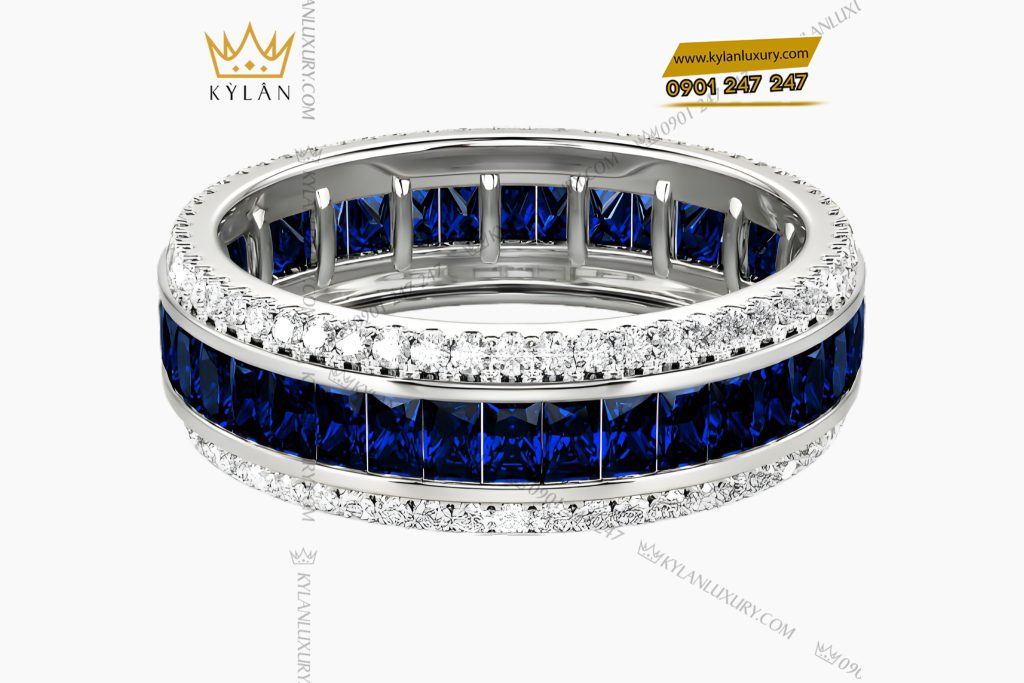 Nhẫn nữ vàng trắng Au750 đính kim cương và đá quý xanh