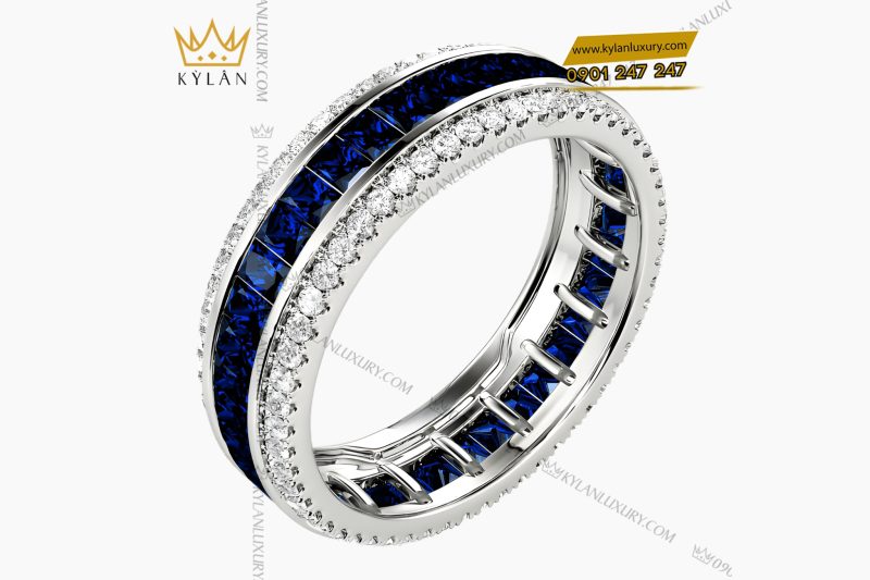 Nhẫn nữ vàng trắng Au750 đính kim cương và đá quý xanh