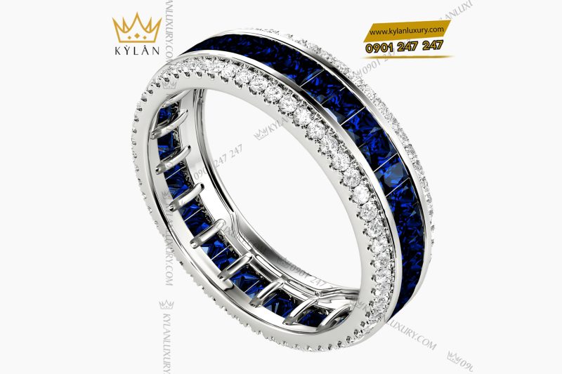 Nhẫn nữ vàng trắng Au750 đính kim cương và đá quý xanh