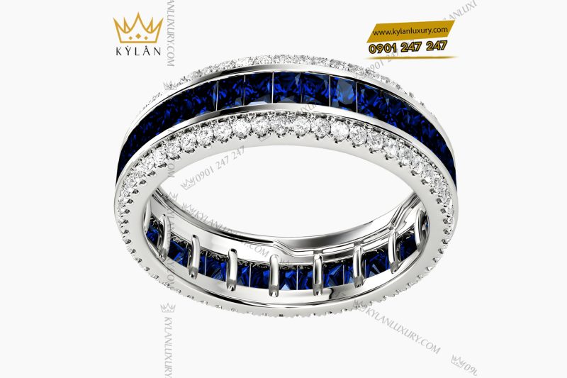 Nhẫn nữ vàng trắng Au750 đính kim cương và đá quý xanh