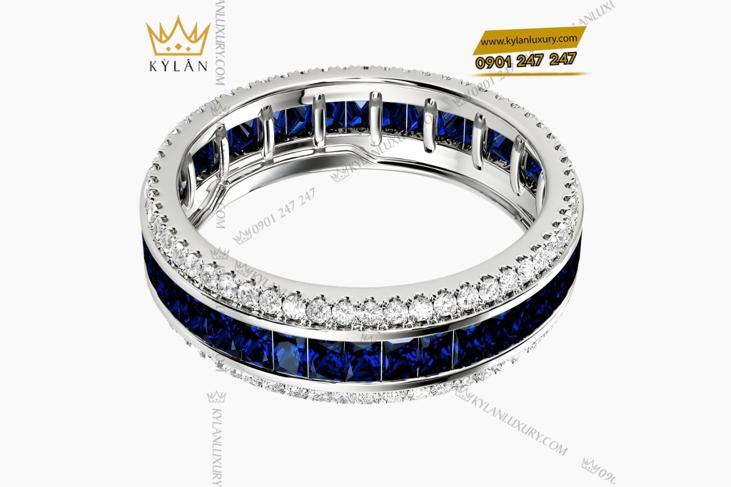 Nhẫn nữ vàng trắng Au750 đính kim cương và đá quý xanh