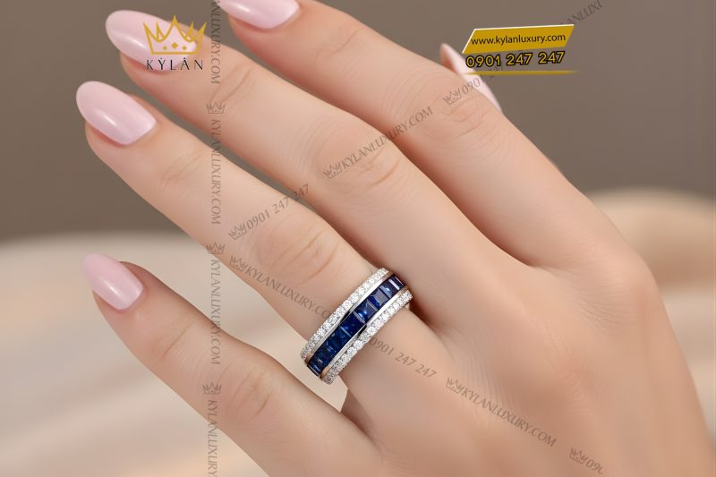 Nhẫn nữ vàng trắng Au750 đính kim cương và đá quý xanh