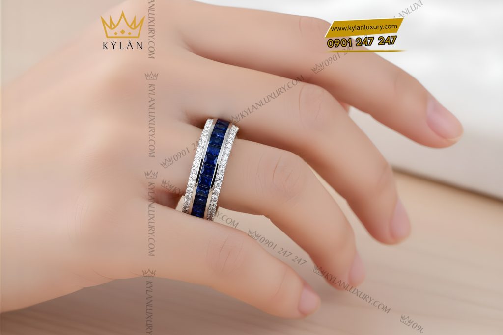 Nhẫn nữ vàng trắng Au750 đính kim cương và đá quý xanh