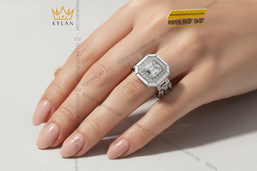 Nhẫn vàng trắng Au750 đính kim cương