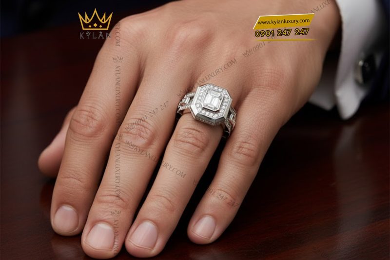 Nhẫn vàng trắng Au750 đính kim cương