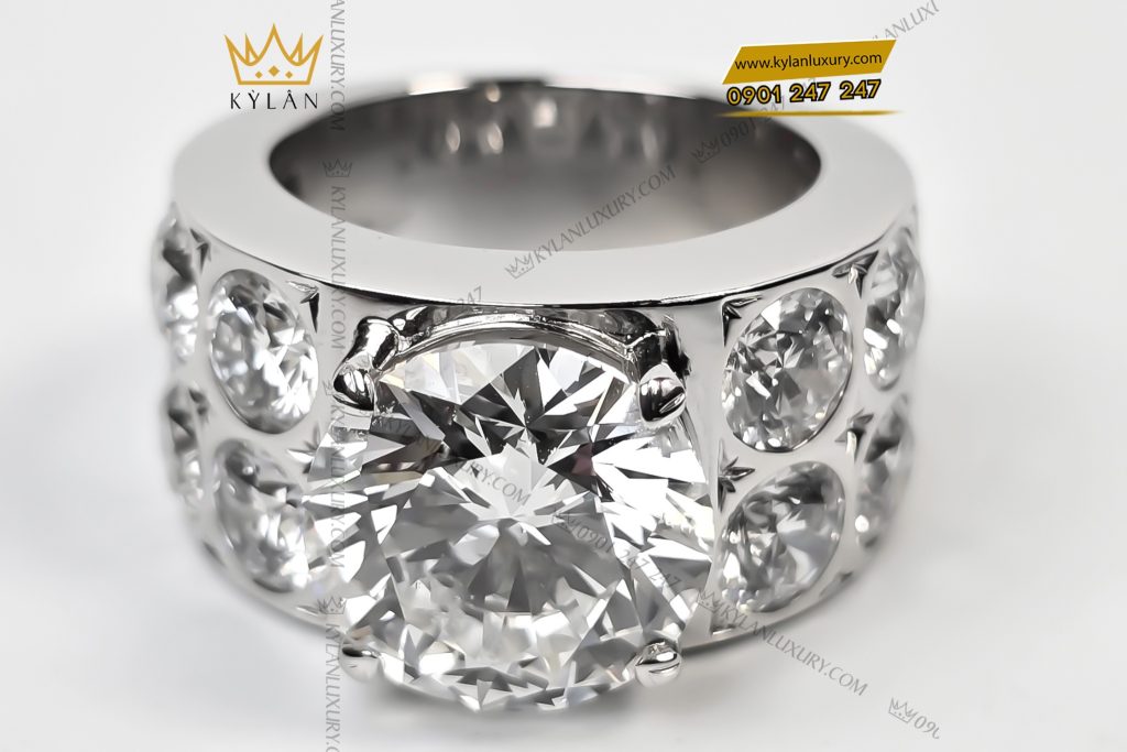 Nhẫn nam vàng trắng Au750 đính kim cương chủ 12ly
