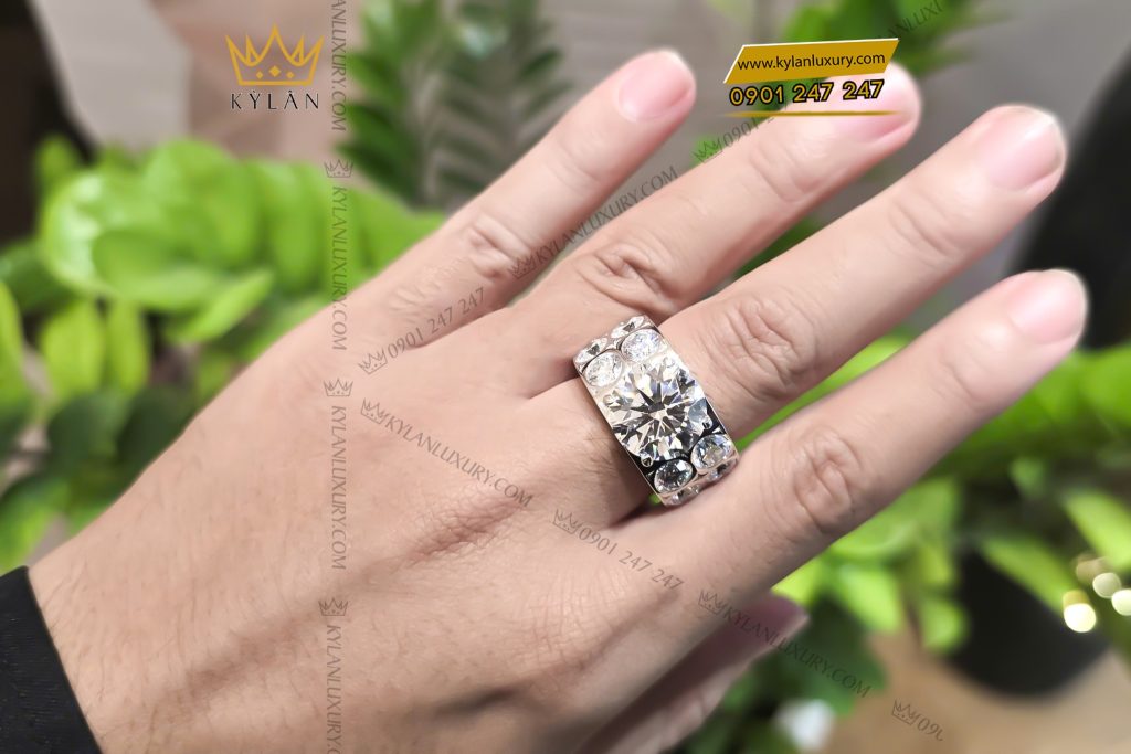 Nhẫn nam vàng trắng Au750 đính kim cương chủ 12ly
