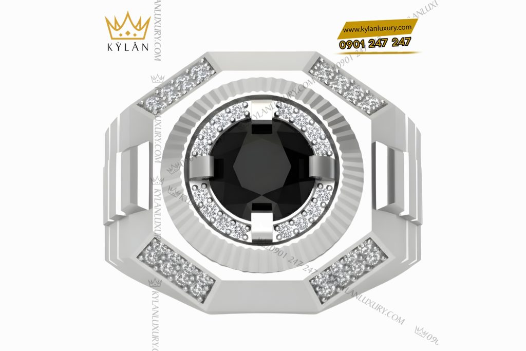 Nhẫn nam vàng trắng Au750 đính kim cương và đá quý đen