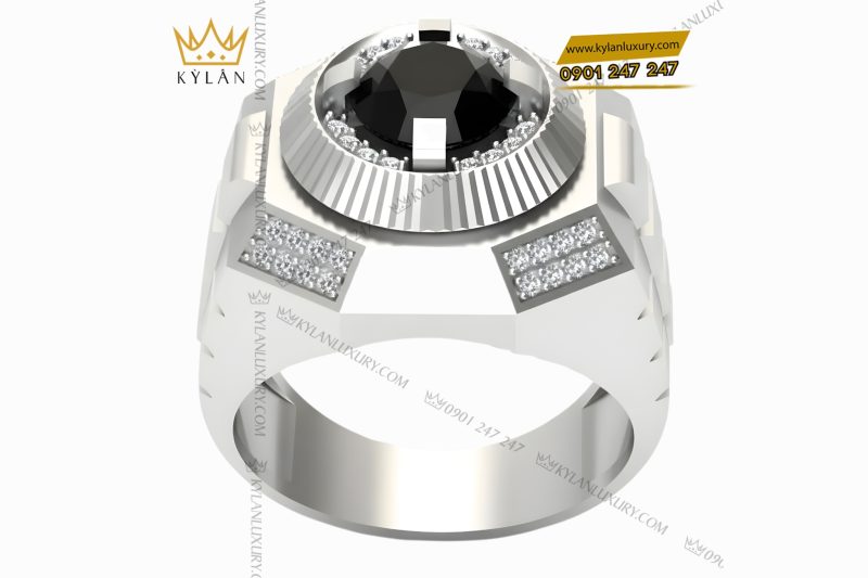 Nhẫn nam vàng trắng Au750 đính kim cương và đá quý đen